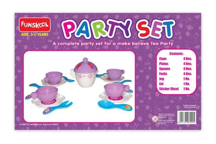 Funskool party kitchen set with purple cups, plates, spoons, forks, and a jug for pretend tea parties