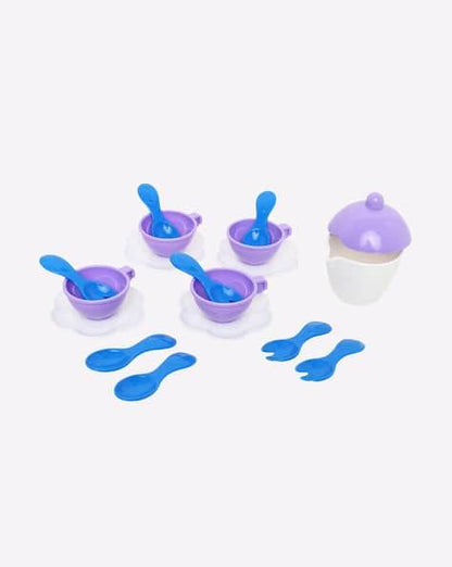 Funskool party kitchen set with purple bowls blue spoons and a white purple container for kids
