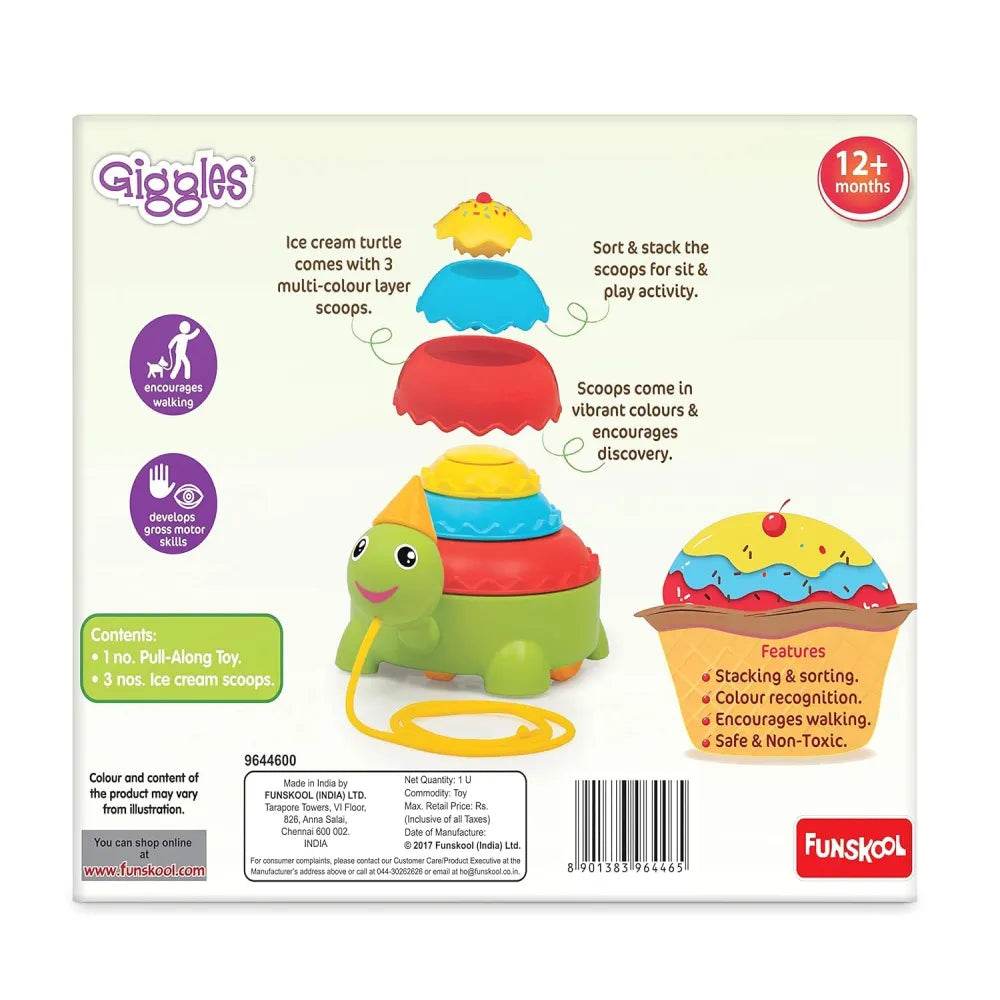 Colorful ice cream turtle pull along toy wooden for 12 months and up with stacking ice cream scoops
