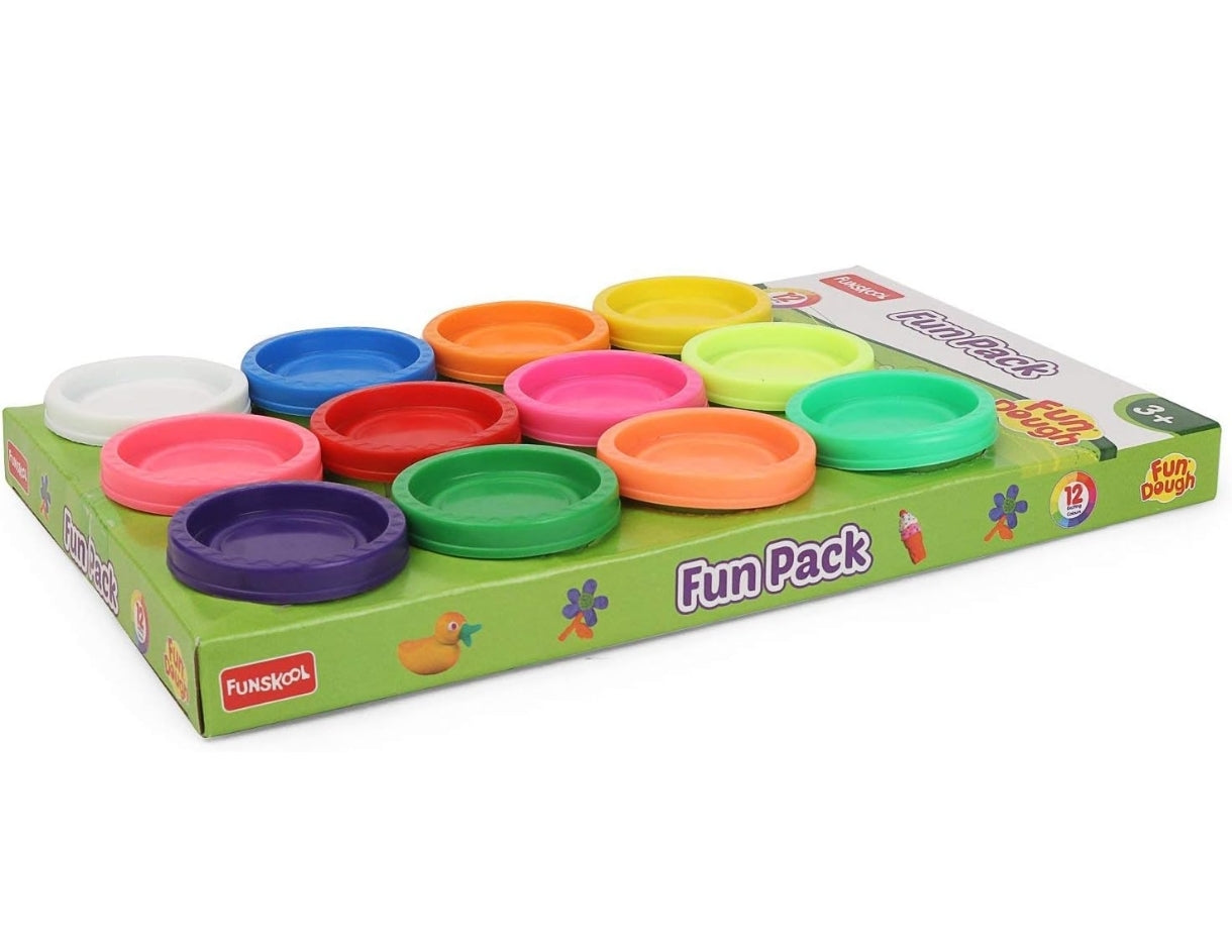 Colorful Funskool play dough fun pack containing 12 colors for kids aged 3 and up to explore recipes play dough
