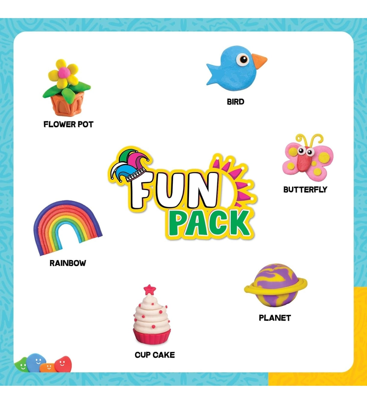 Colorful fun pack featuring play dough shapes including a flower pot, bird, rainbow, butterfly, cupcake, and planet designed for kids