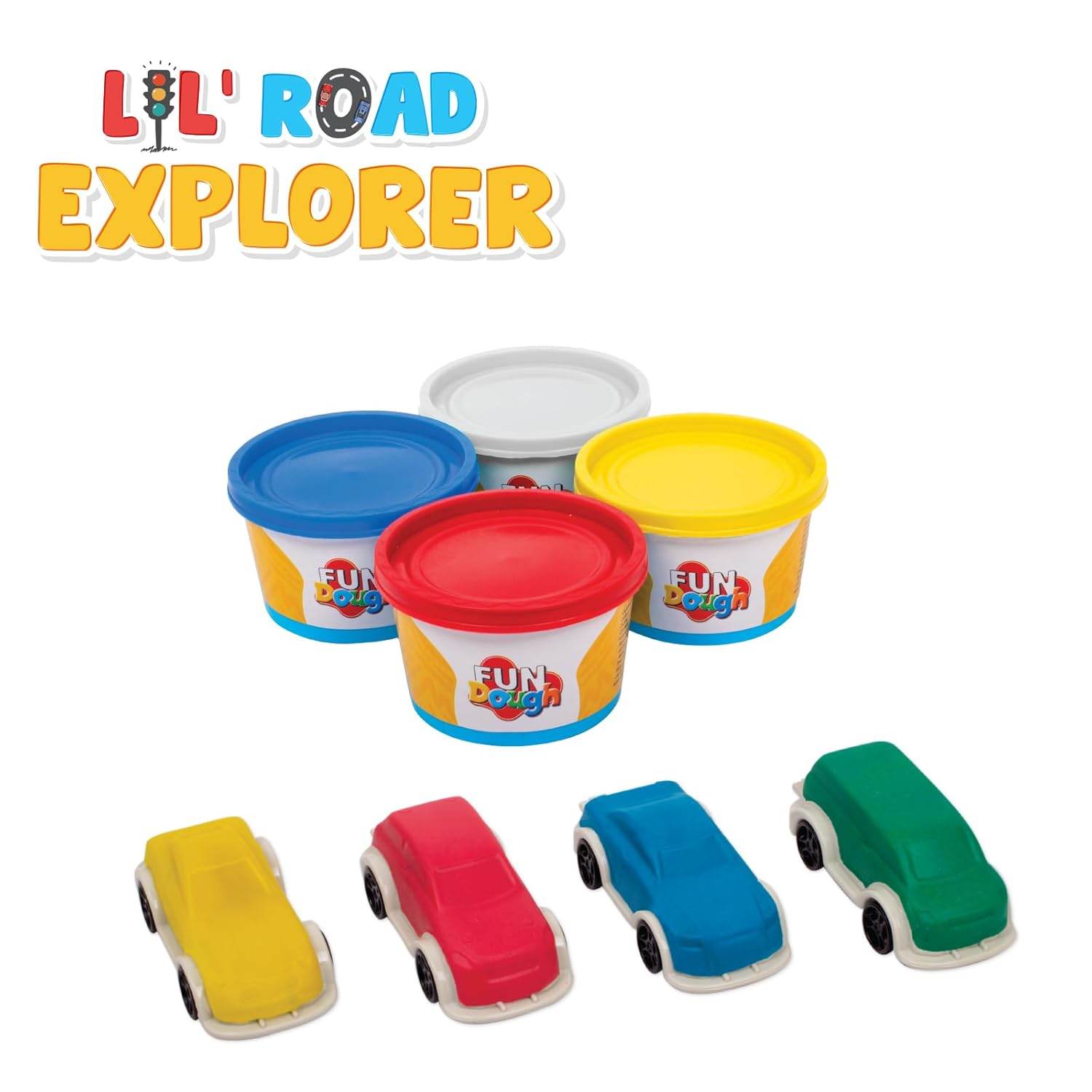 Road explorer dough kit for kids with colorful modeling dough tubs and toy cars