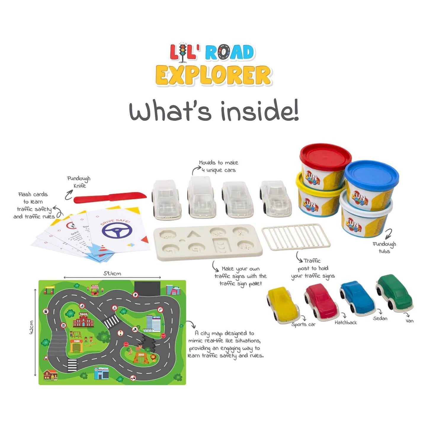Road explorer dough kit for kids with molds, dough tubs, toy cars, road map, and safety flash cards