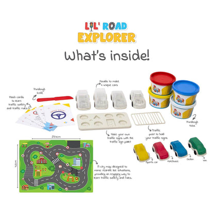 Road explorer dough kit for kids with molds, dough tubs, toy cars, road map, and safety flash cards