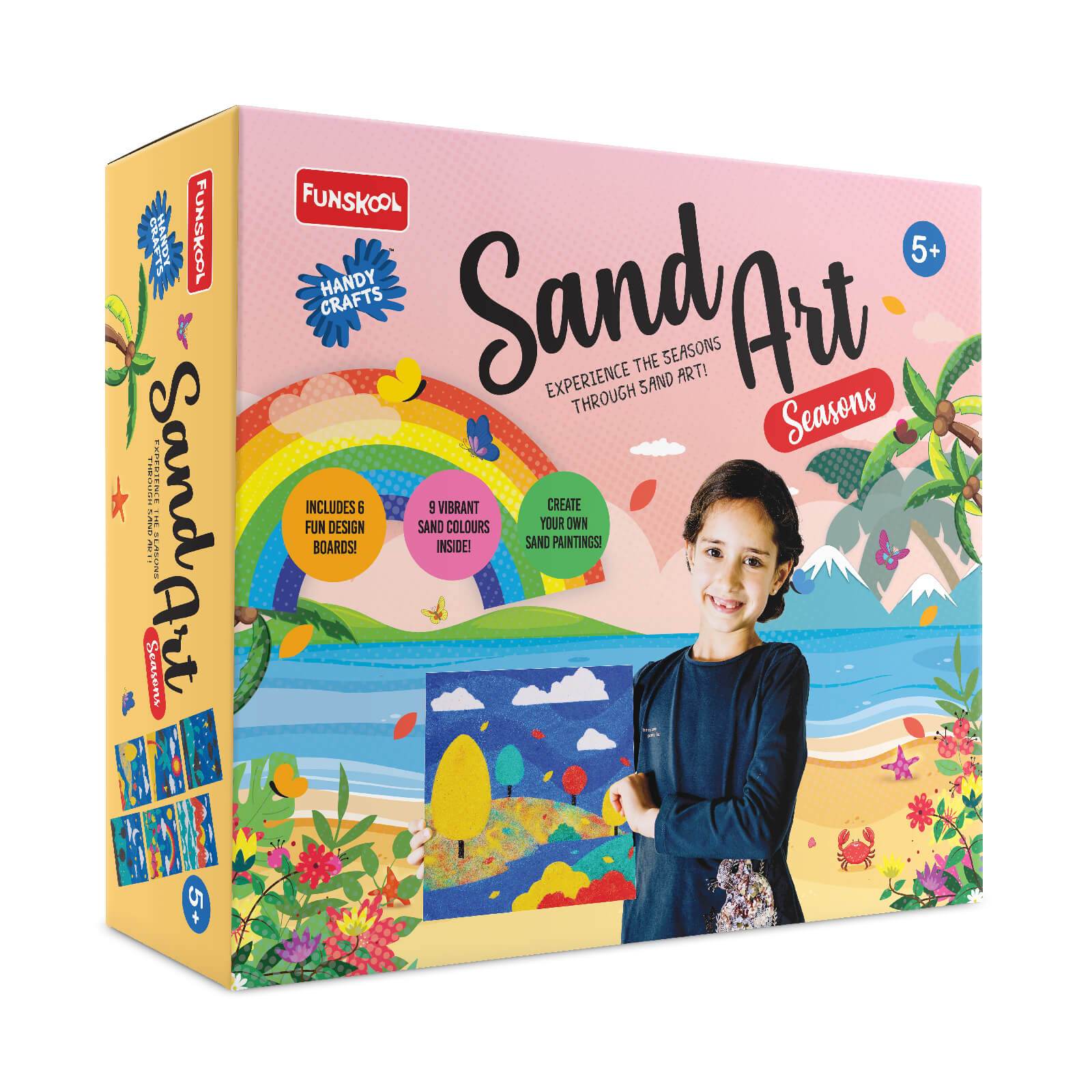 Funskool sand art kit for kids with colorful box featuring a child creating sand paintings