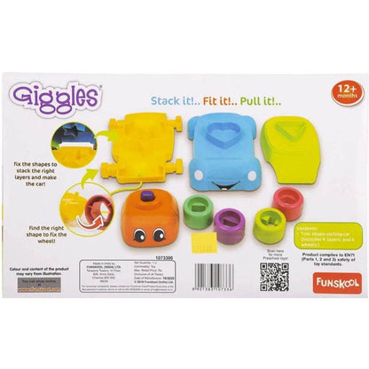 Colorful shape sorter toy for toddlers featuring stackable shapes and vehicle components for 12 months and up