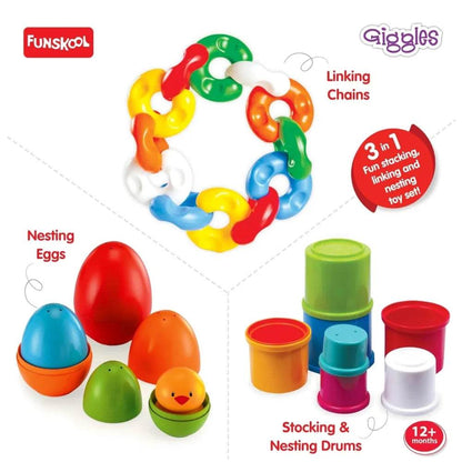 Colorful stacking toys for 1 year olds featuring nesting eggs and linking chains