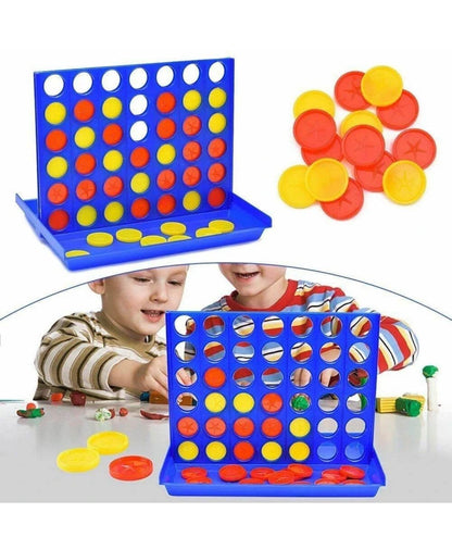 Funskool Strike 4 board game with blue grid and red and yellow discs being played by children