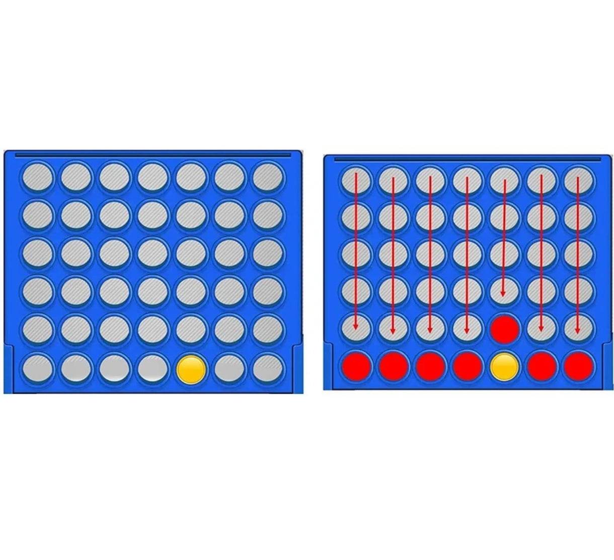 Funskool Strike 4 board game showing blue game board with yellow and red discs in winning connect four pattern