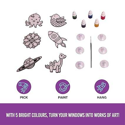 Funskool suncatchers kit for kids with 5 bright colors paint bottles, paintbrush, and space-themed designs