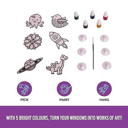 Funskool suncatchers kit for kids with 5 bright colors paint bottles, paintbrush, and space-themed designs