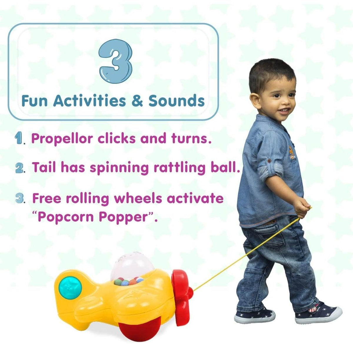 Yellow 2in1 Funskool toddler toys gift set with spinning tail and popcorn popper for ages 1-3