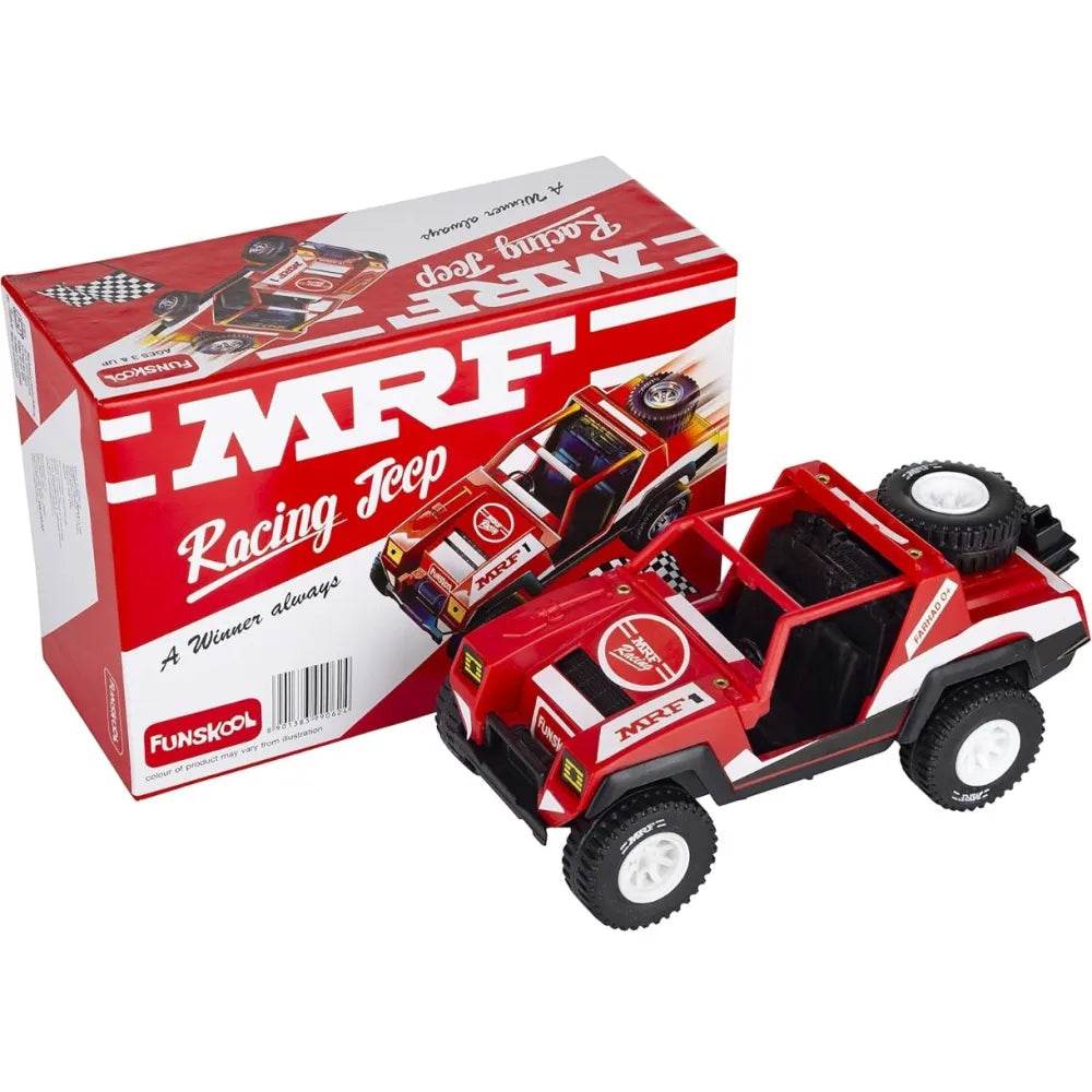 Red racing jeep toy car for kids with realistic detailing and free-rolling wheels