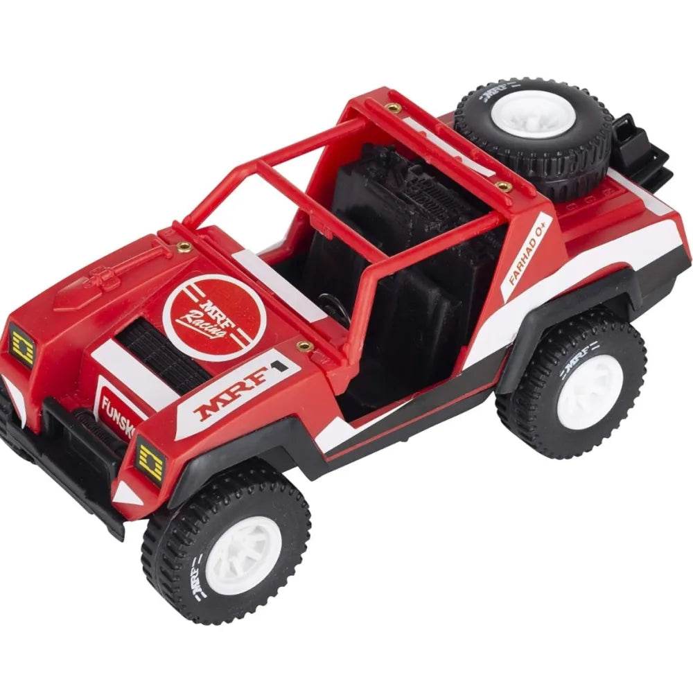 Red racing jeep toy car for kids age 3 and up, featuring a detailed design and free-rolling wheels