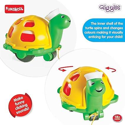Colorful turtle pull toy that spins and makes sounds for children aged 18 months and older