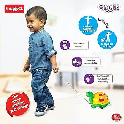 Colorful pull-along toy turtle for toddlers aged 18 months and up, encourages walking and motor skills
