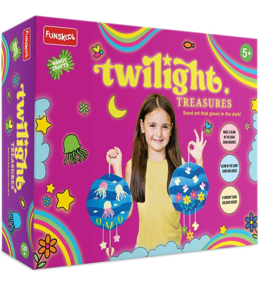 Funskool Twilight Treasures DIY craft set box with a girl holding two colorful glowing sand art crafts