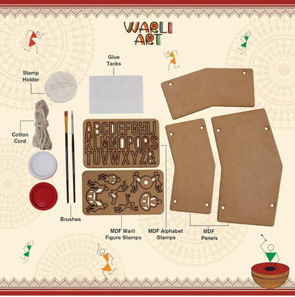 Warli art DIY kit for kids with MDF panels, alphabet and figure stamps, brushes, glue tacks, cotton cord, and stamp holder