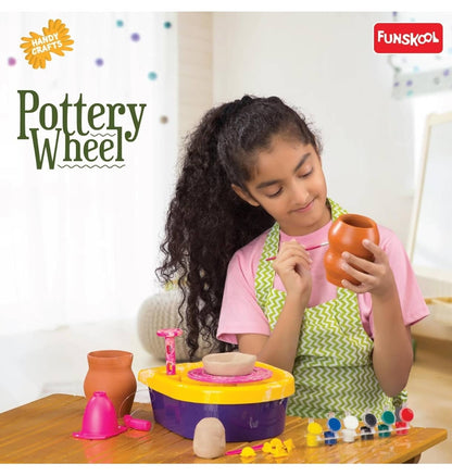Colorful pottery wheel for kids crafting pottery, perfect for age 5 and up, with girl painting a clay pot