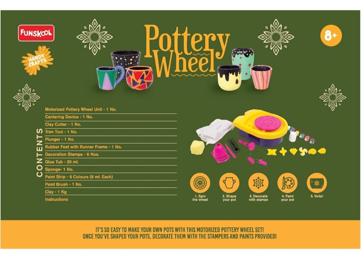 Funskool pottery wheel kit in colorful design for ages 8 and up, perfect for crafting pottery