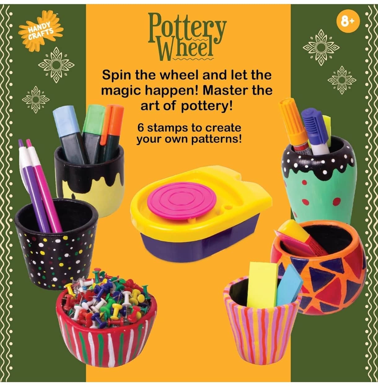 Pottery wheel crafting kit for ages 8 and up with colorful pots and 6 stamps for creativity