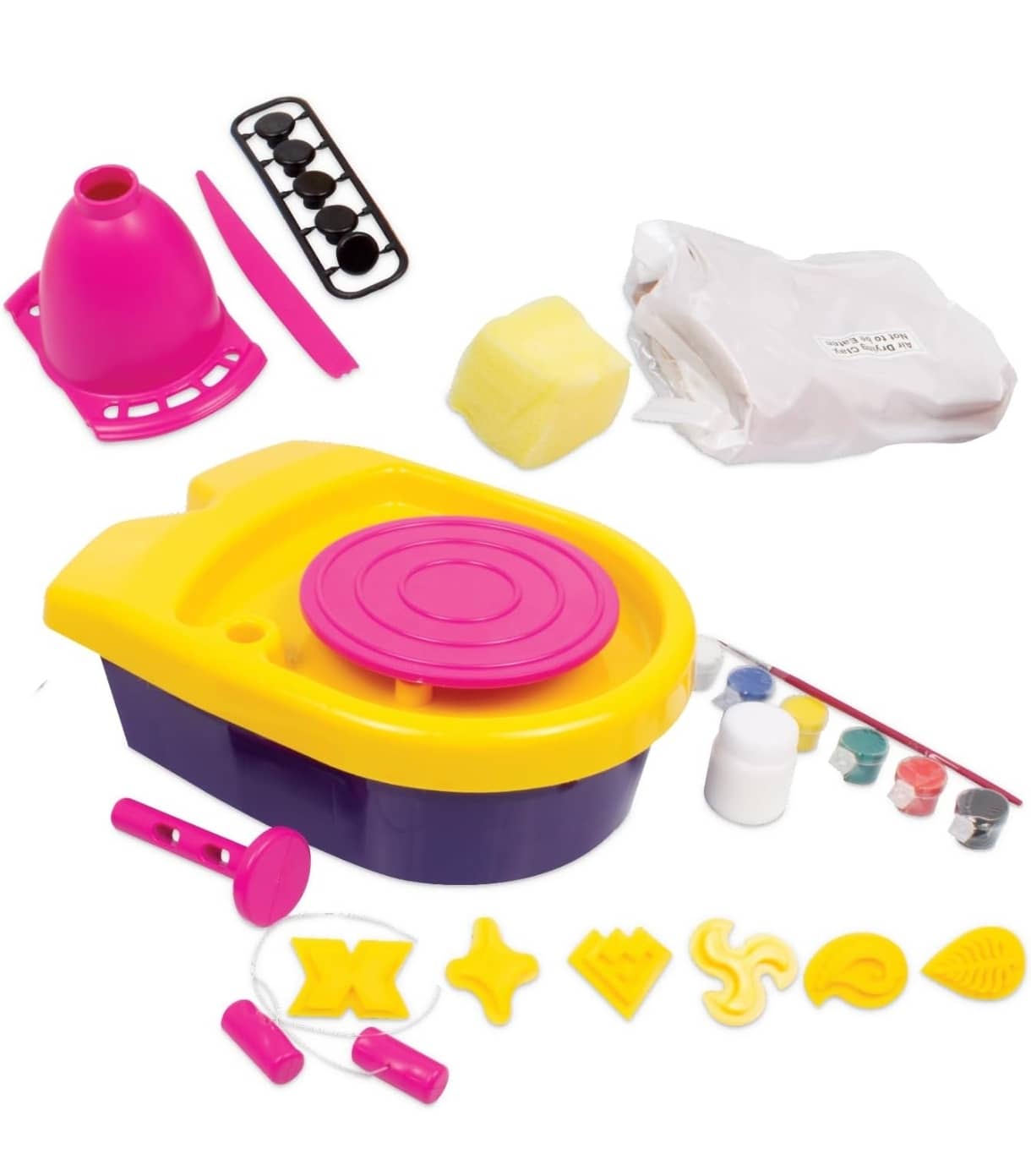Purple and pink wheel for pottery kit with tools and colors for creative kids 6 years and up