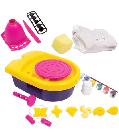 Purple and pink wheel for pottery kit with tools and colors for creative kids 6 years and up