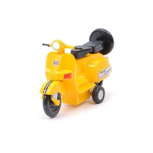 Yellow baby chetak pull back scooter toy with black seat and wheels for kids