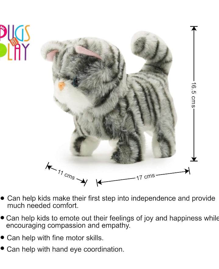 Grey Zoe walking cat interactive toy for toddlers, encourages motor skills and empathy