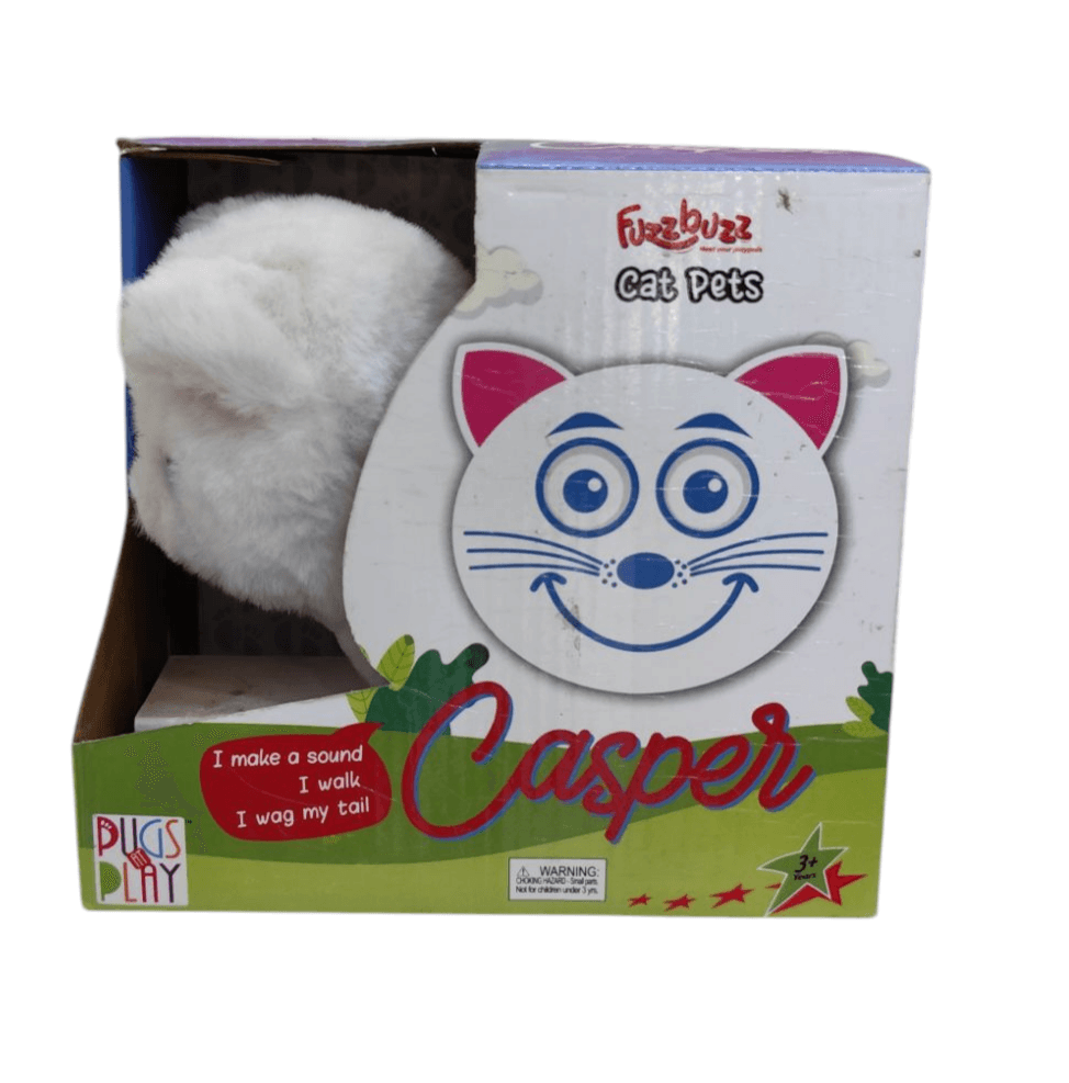 White interactive cat toy Casper that walks and meows for playful cats