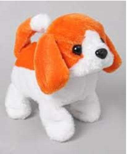 Orange and white interactive cat toy in the shape of a playful puppy, suitable for all ages