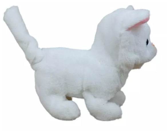 White plush interactive cat toy that walks and meows, perfect for playful pets.