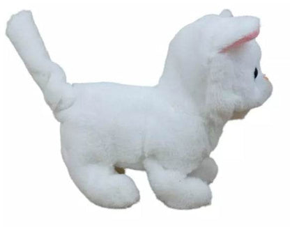 White plush interactive cat toy that walks and meows, perfect for playful pets.