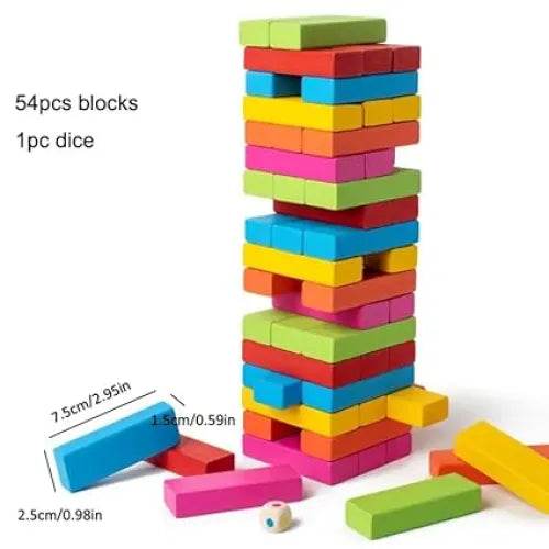 Colorful game stacking blocks set with 54 pieces and 1 dice for ages 5 and up