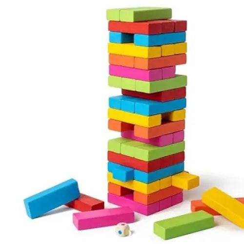 Colorful wooden game stacking blocks for kids to build and topple, suitable for all ages