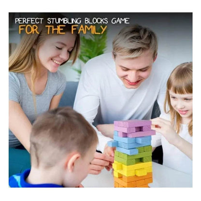 Colorful stacking blocks game for family fun, suitable for ages 3 and up.