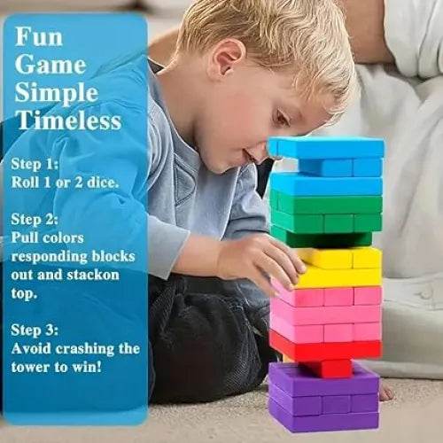 Colorful game stacking blocks for kids aged 3-5, promoting fun and skill-building while avoiding tower collapse.