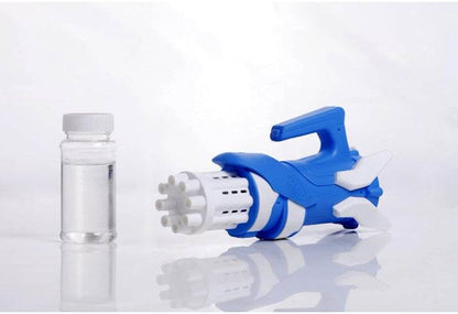 Blue Gatling bubble gun for kids made of durable plastic with a bubble solution bottle