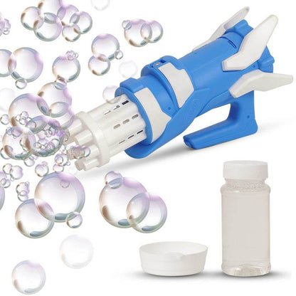 Blue plastic Gatling bubble gun for kids, with bubbles and a bottle of bubble solution