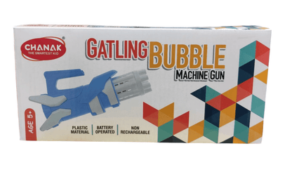Blue Gatling bubble gun for kids made of plastic, battery operated for endless bubble fun