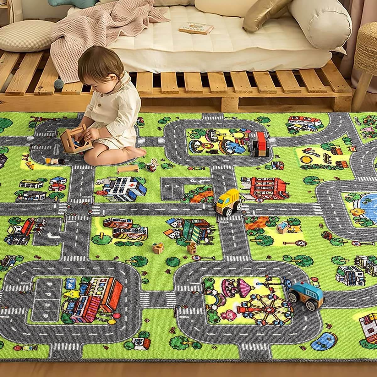 Child playing on Unimats city road play mat for kids with colorful roads and buildings