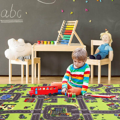 Child playing with a city road play mat for kids, featuring roads and vehicles in a colorful playroom