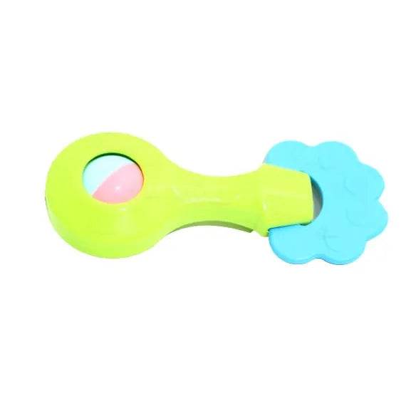 Brightly colored non toxic baby rattle set with green handle and blue textured edge for infants