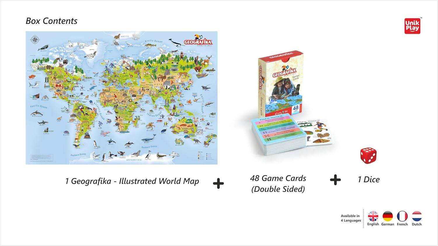 Geography board game with cards including illustrated world map, 48 double sided game cards, and one red dice