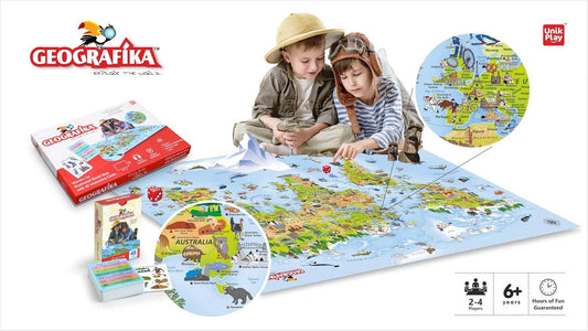 Children playing Geography board game with cards featuring a large world map and colorful cards by T-Rex the toyland Sitamarhi