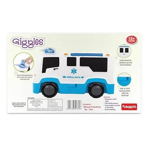 White and blue ambulance truck toy for 12 months and older, features detailed design and openable parts