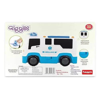 White and blue ambulance truck toy for 12 months and older, features detailed design and openable parts