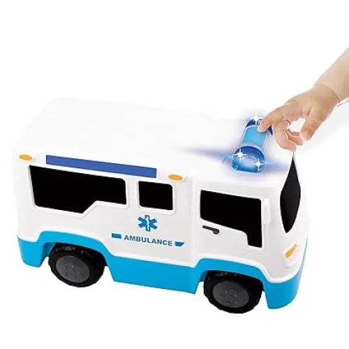 White and blue ambulance truck toy with flashing lights for children aged 3-5 years