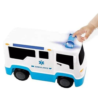 White and blue ambulance truck toy with flashing lights for children aged 3-5 years