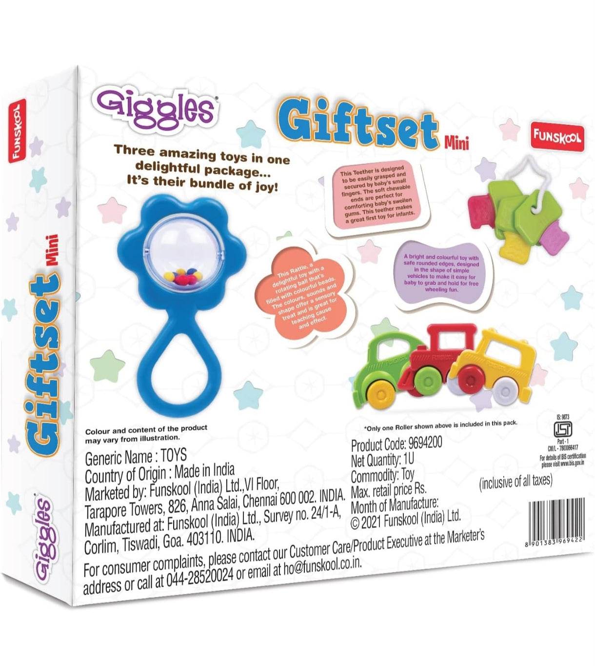 Colorful Funskool baby gift set with three toys for infants, promoting sensory play and enjoyment